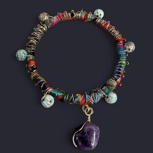 Fabric Wire Wrapped Bangle Bracelet